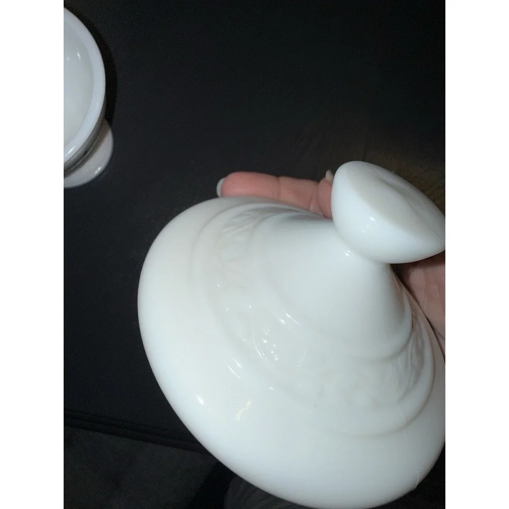 Vintage Milk Glass Lidded Footed Candy Dish Blue Asian Scene Made in Belgium